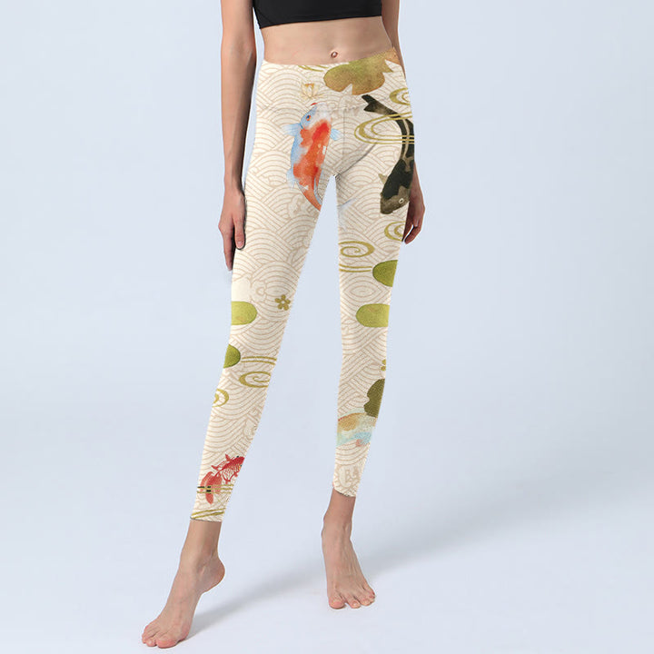 Buddha Stones Koi Fish Lotus Leaves Print Gym Leggings Women's Yoga Pants - image 5