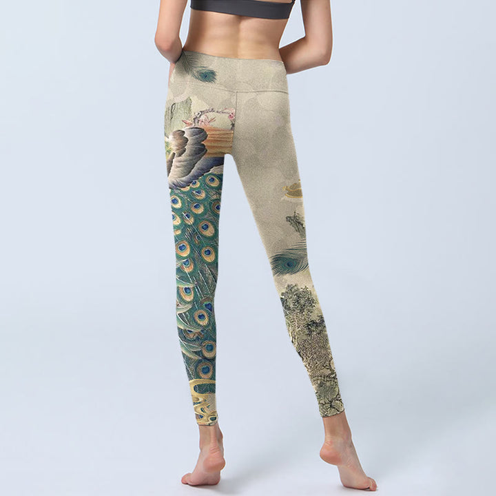 Buddha Stones Peacock Auspicious Clouds Mountain Flowers Print Gym Leggings Women's Yoga Pants - image 6