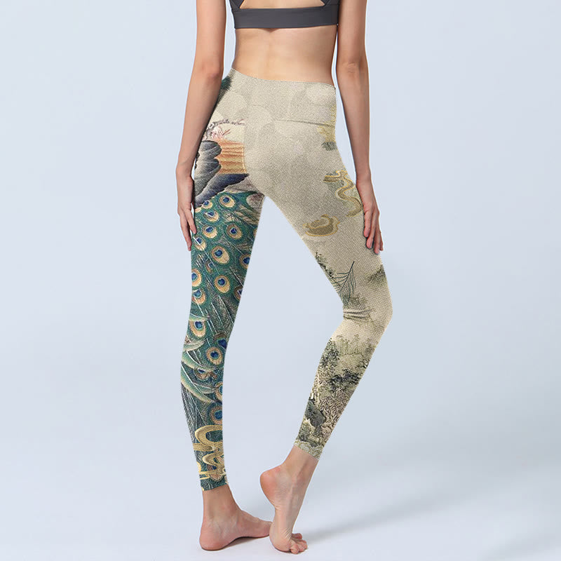 Buddha Stones Peacock Auspicious Clouds Mountain Flowers Print Gym Leggings Women's Yoga Pants - image 3