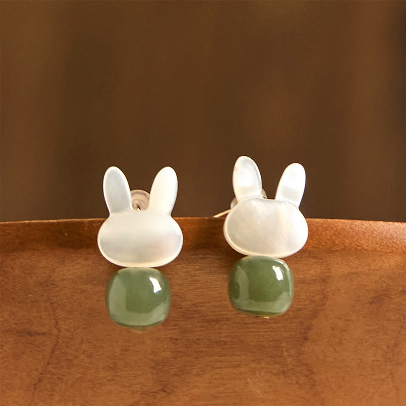 Buddha Stones Tridacna Stone Cute Rabbit Hetian Jade Luck Earrings - image 4