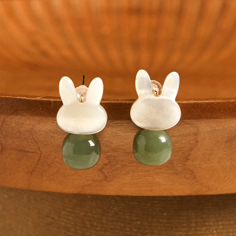 Buddha Stones Tridacna Stone Cute Rabbit Hetian Jade Luck Earrings - image 3