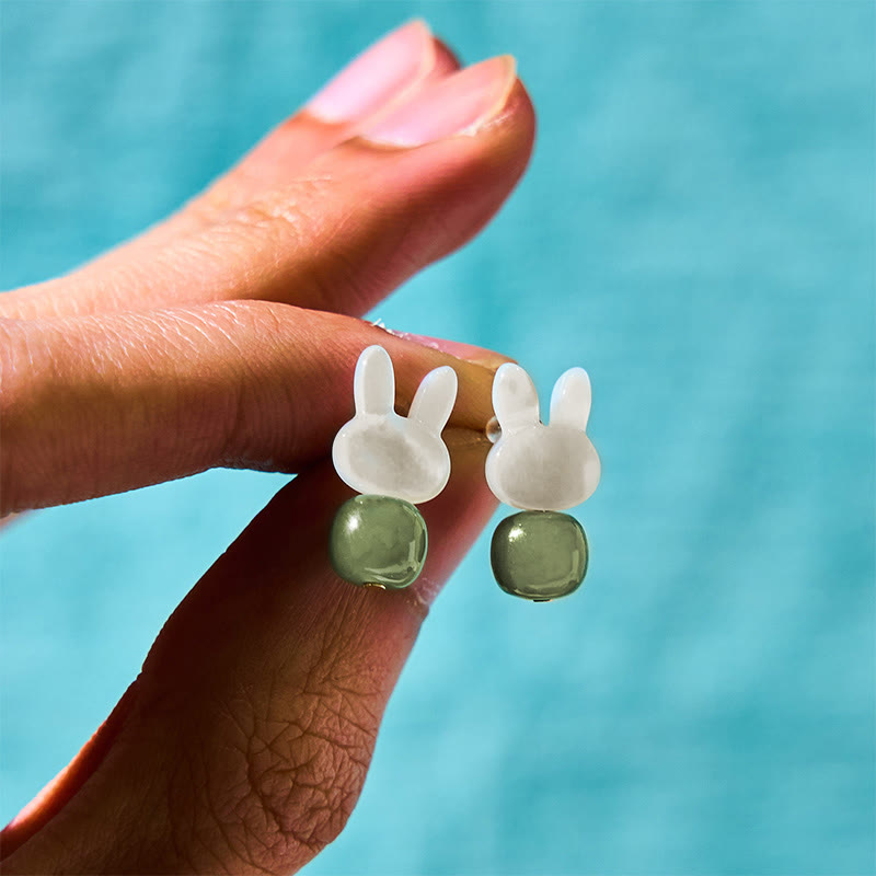 Buddha Stones Tridacna Stone Cute Rabbit Hetian Jade Luck Earrings - image 4