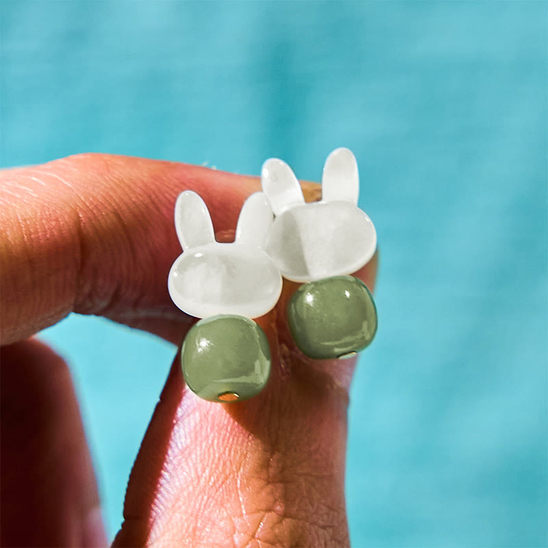 Buddha Stones Tridacna Stone Cute Rabbit Hetian Jade Luck Earrings - image 3