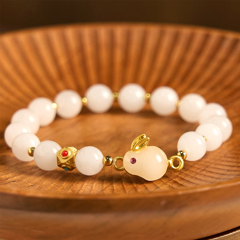 Buddha Stones Golden Silk Jade Cute Rabbit Luck Bracelet - image 1