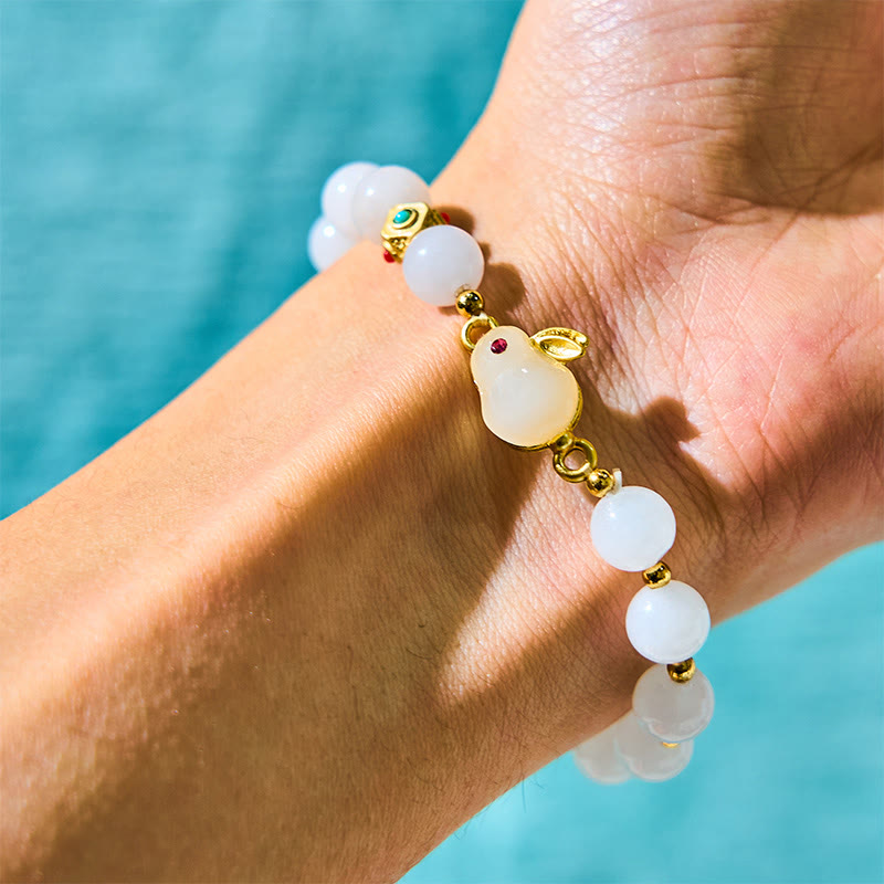 Buddha Stones Golden Silk Jade Cute Rabbit Luck Bracelet - Golden Silk Jade(Wrist Circumference 14-16cm) - image 0