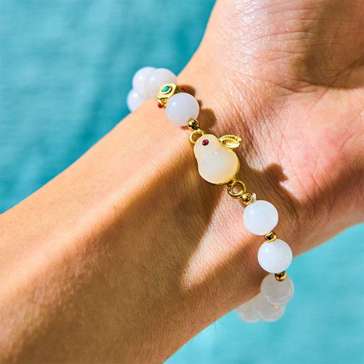 Buddha Stones Golden Silk Jade Cute Rabbit Luck Bracelet - Golden Silk Jade(Wrist Circumference 14-16cm) - image 0