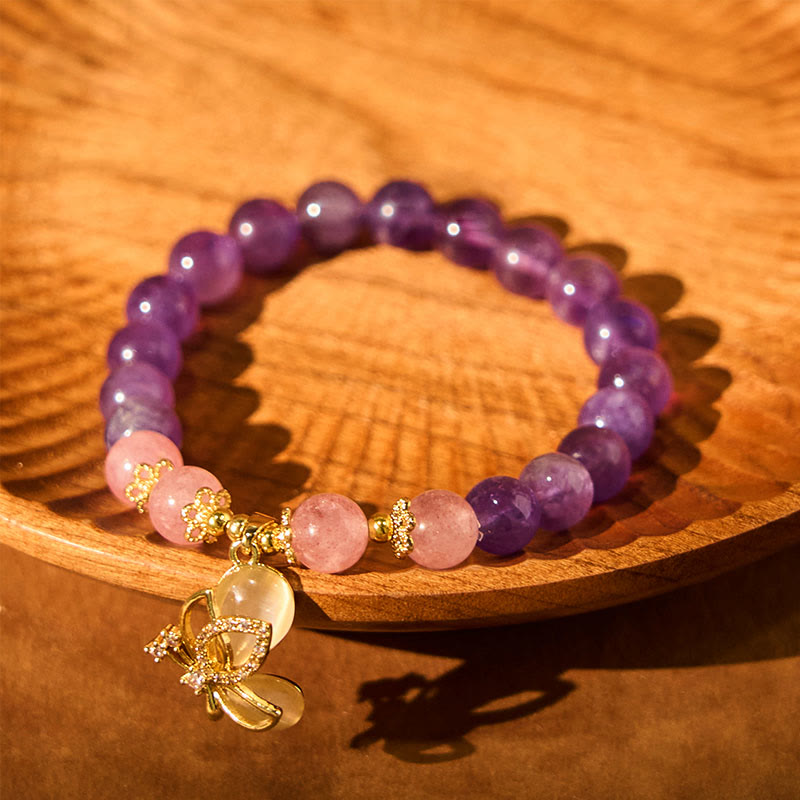 Buddha Stones Natural Amethyst Strawberry Quartz Crystal Healing Butterfly Charm Bracelet - image 5
