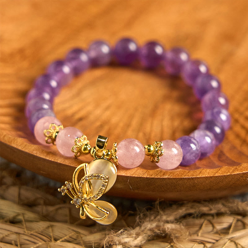 Buddha Stones Natural Amethyst Strawberry Quartz Crystal Healing Butterfly Charm Bracelet - image 3