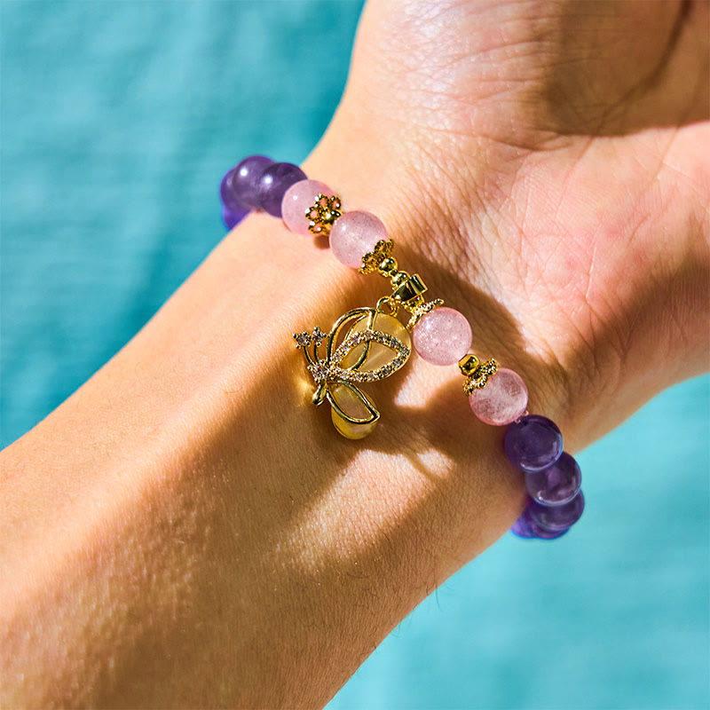 Buddha Stones Natural Amethyst Strawberry Quartz Crystal Healing Butterfly Charm Bracelet - image 1