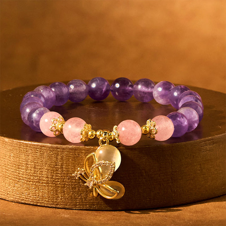 Buddha Stones Natural Amethyst Strawberry Quartz Crystal Healing Butterfly Charm Bracelet - image 2