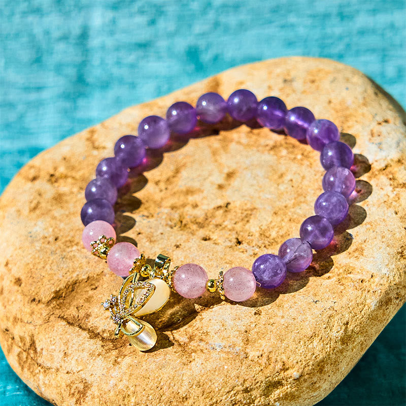 Buddha Stones Natural Amethyst Strawberry Quartz Crystal Healing Butterfly Charm Bracelet - Amethyst(Wrist Circumference: 14-17cm) - image 0
