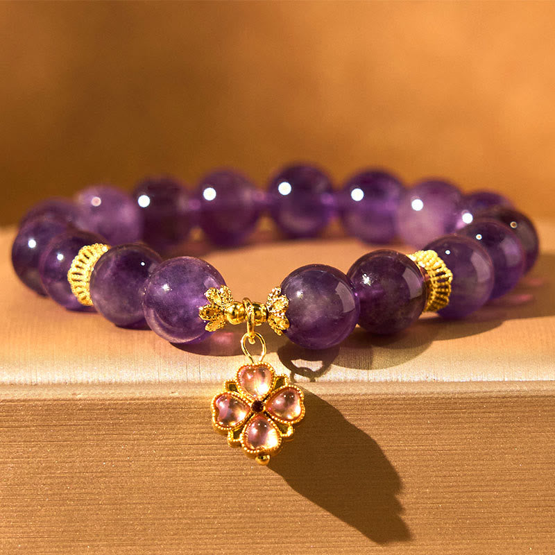 Buddha Stones Natural Amethyst Four Leaf Clover Charm Communication Bracelet - Amethyst(Wrist Circumference: 15-17cm) - image 0