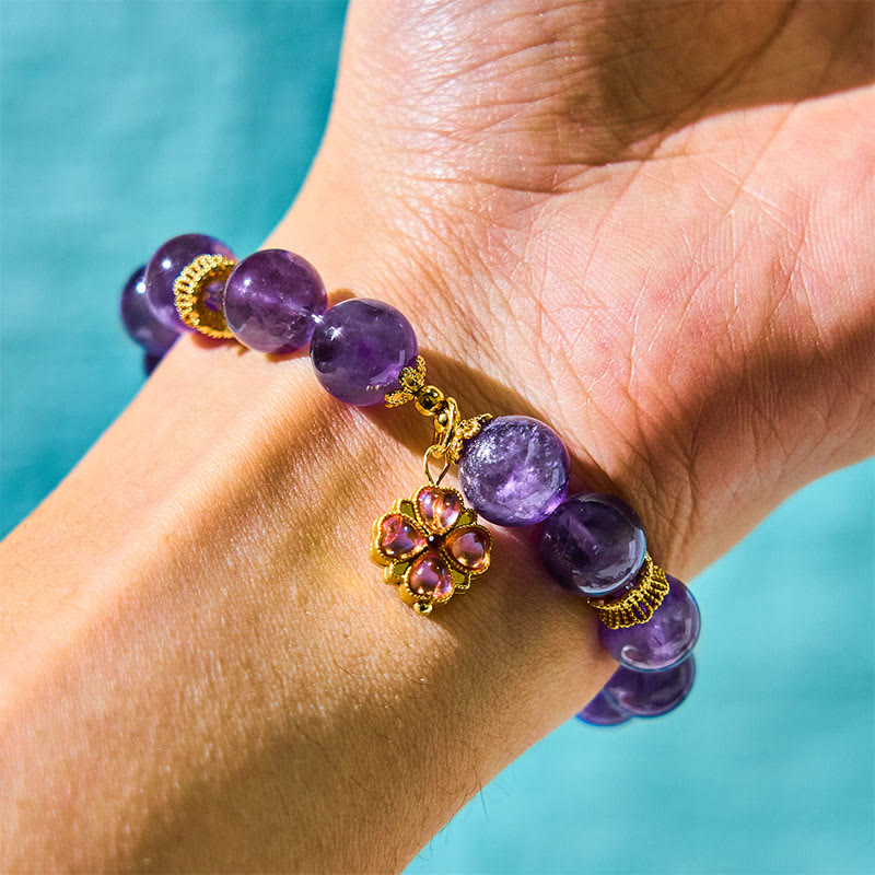 Buddha Stones Natural Amethyst Four Leaf Clover Charm Communication Bracelet - image 5