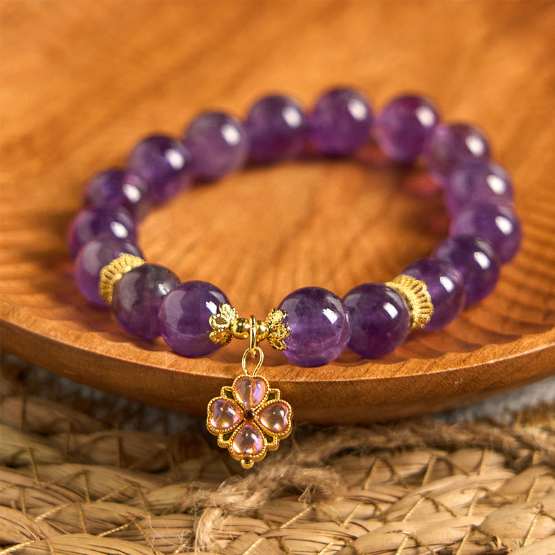 Buddha Stones Natural Amethyst Four Leaf Clover Charm Communication Bracelet - image 1