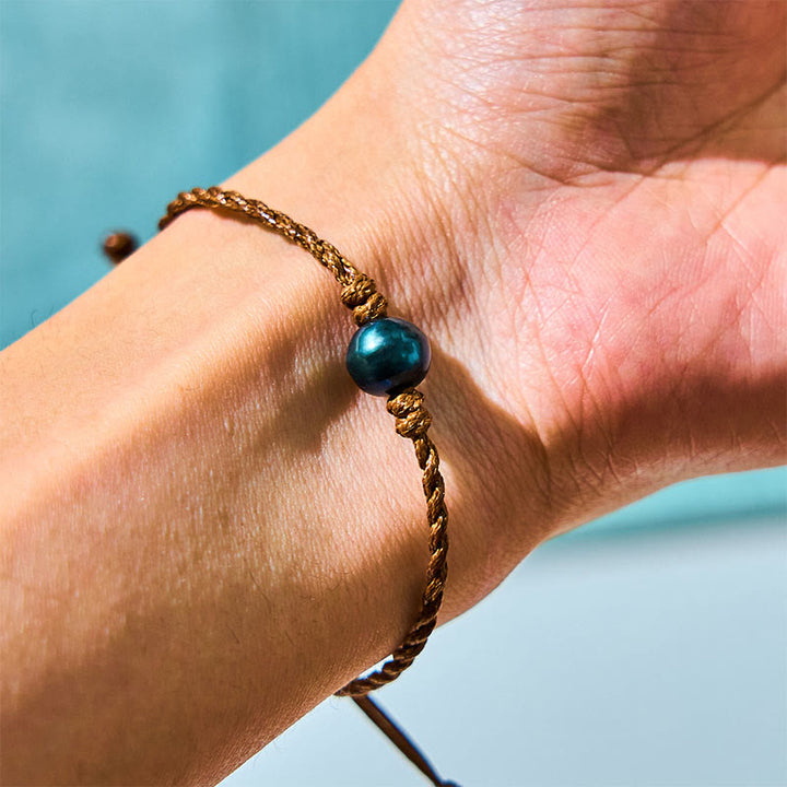 Buddha Stones Natural Tahitian Black Pearl Bead Wax Rope Wisdom Bracelet - Pearl(Wrist Circumference: 14-19cm) - image 0