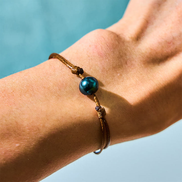 Buddha Stones Natural Tahitian Black Pearl Bead Wax Rope Healing Bracelet - Pearl(Wrist Circumference: 14-19cm) - image 0