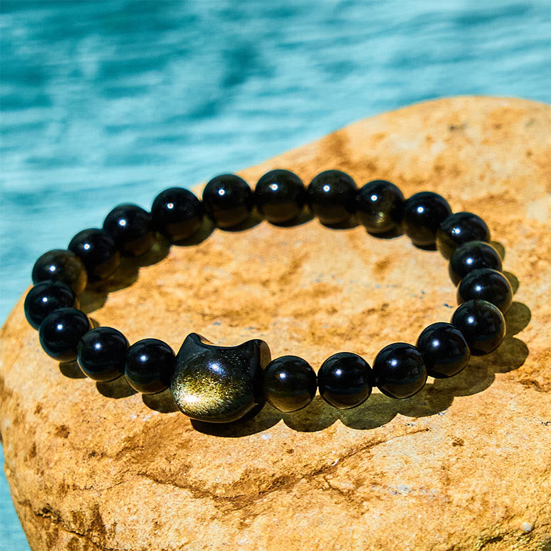 Buddha Stones Gold Sheen Obsidian Silver Sheen Obsidian Lovely Paw Lucky Cat Protection Bracelet - Gold Sheen Obsidian - Cat Head - 8mm - image 0