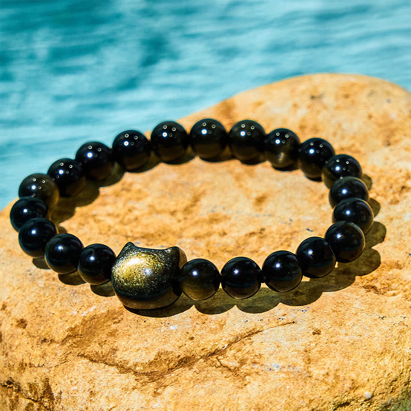 Buddha Stones Gold Sheen Obsidian Silver Sheen Obsidian Lovely Paw Lucky Cat Protection Bracelet - image 1