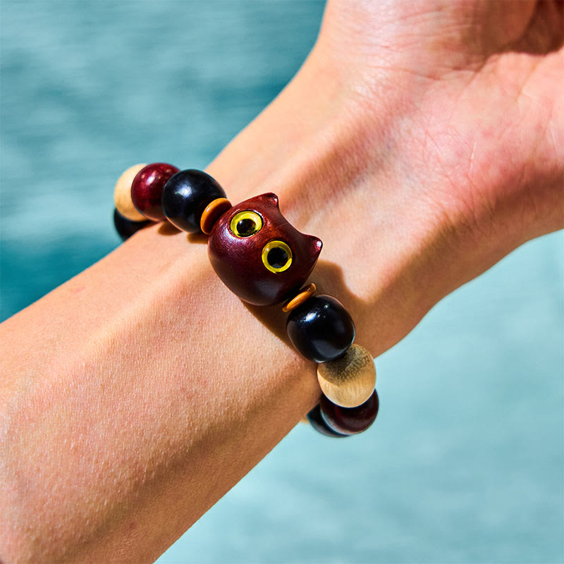 Buddha Stones Small Leaf Red Sandalwood Ebony Wood Cute Cat Engraved Protection Bracelet - image 1