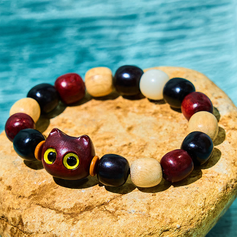 Buddha Stones Small Leaf Red Sandalwood Ebony Wood Cute Cat Engraved Protection Bracelet - Small Leaf Red Sandalwood(Keep away evil spirits♥Protection) - image 0