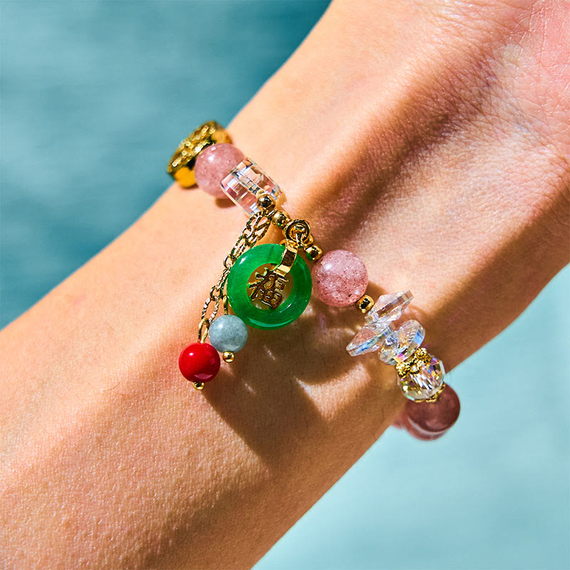 Buddha Stones Strawberry Quartz Jade Fu Character Charm Healing Bracelet - image 1