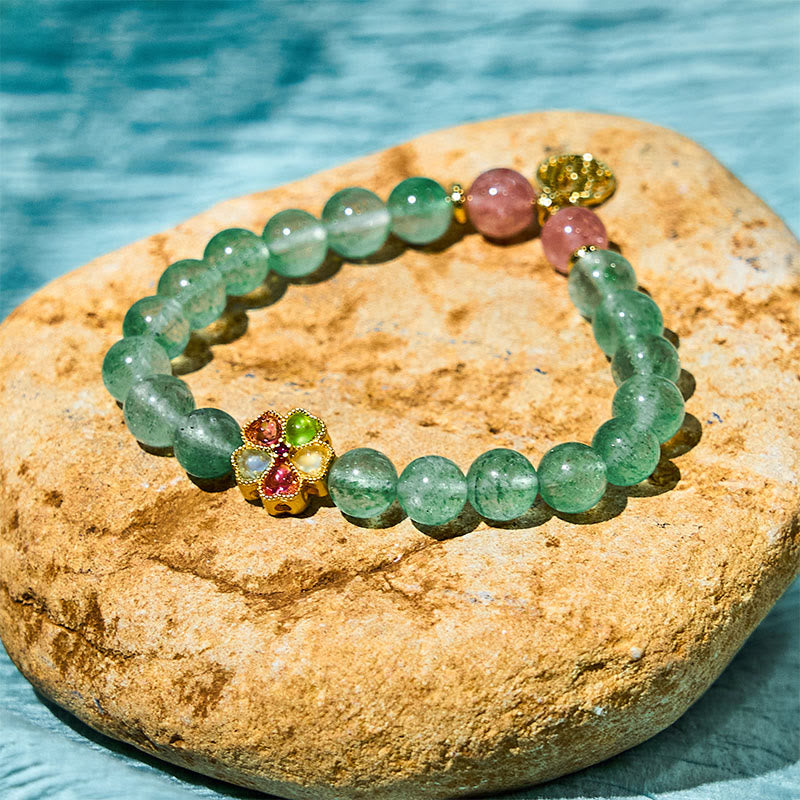 Buddha Stones Natural Green Strawberry Quartz Soothing Fu Character Bracelet - Green Strawberry Quartz(Wrist Circumference: 14-18cm) - image 0