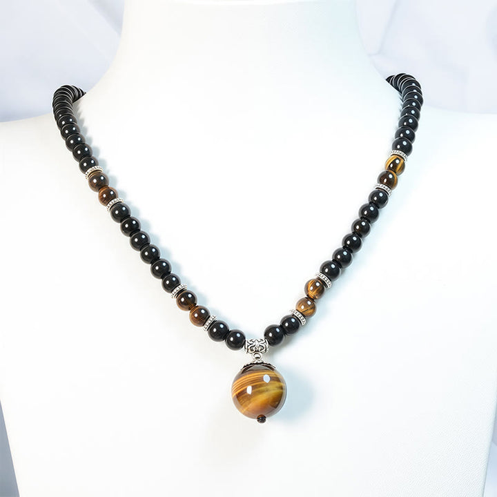 Buddha Stones Black Obsidian Tiger Eye Strengthen Necklace Pendant - image 2