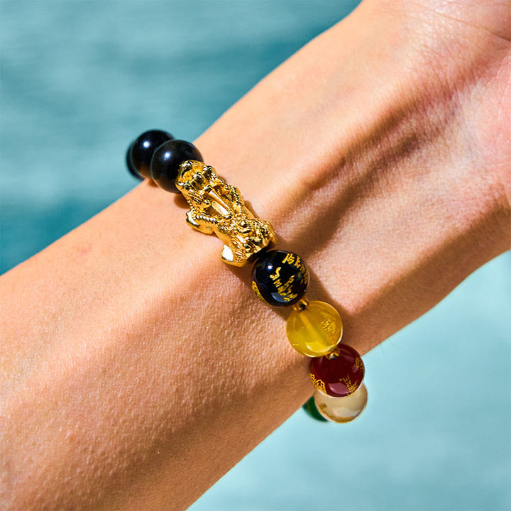 Buddha Stones Natural Gold Sheen Obsidian PiXiu Five Directions Gods of Wealth Protection Bracelet - image 1