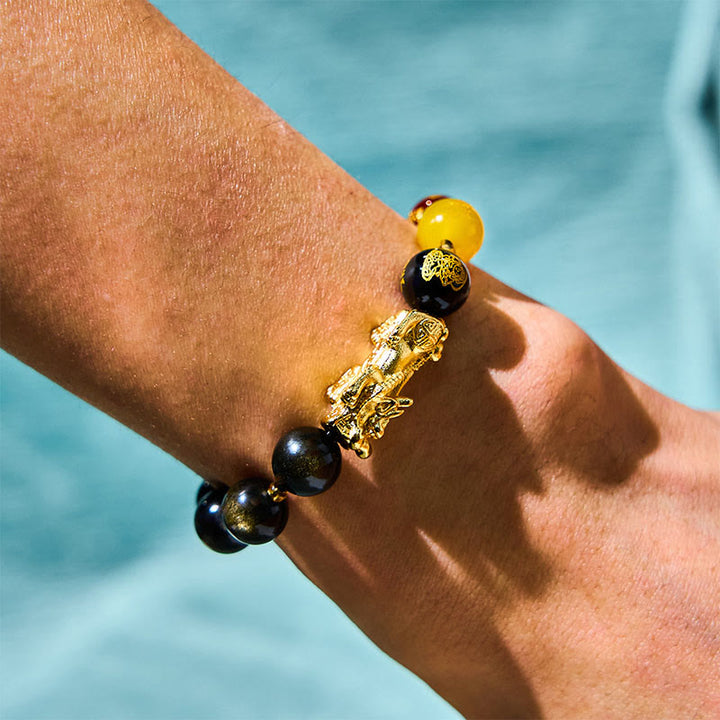 Buddha Stones Natural Gold Sheen Obsidian PiXiu Five Directions Gods of Wealth Protection Bracelet - image 2