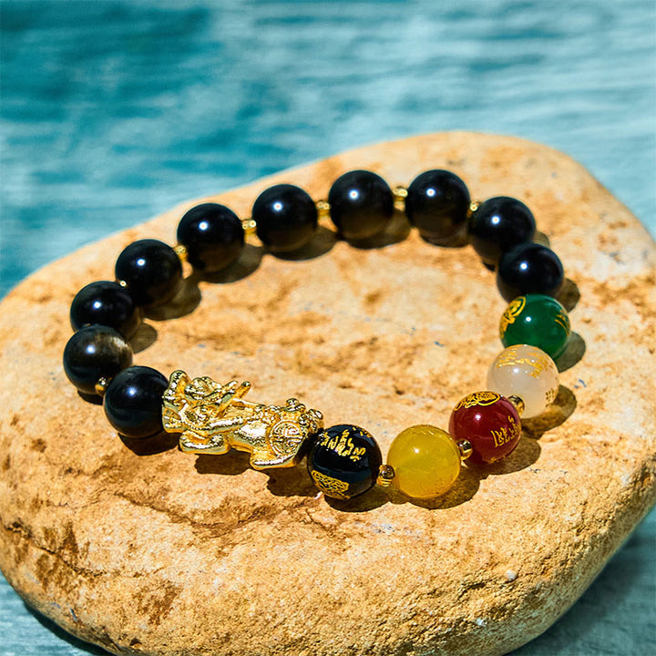 Buddha Stones Natural Gold Sheen Obsidian PiXiu Five Directions Gods of Wealth Protection Bracelet - 10mm(Wrist Circumference 14-16cm) - image 0