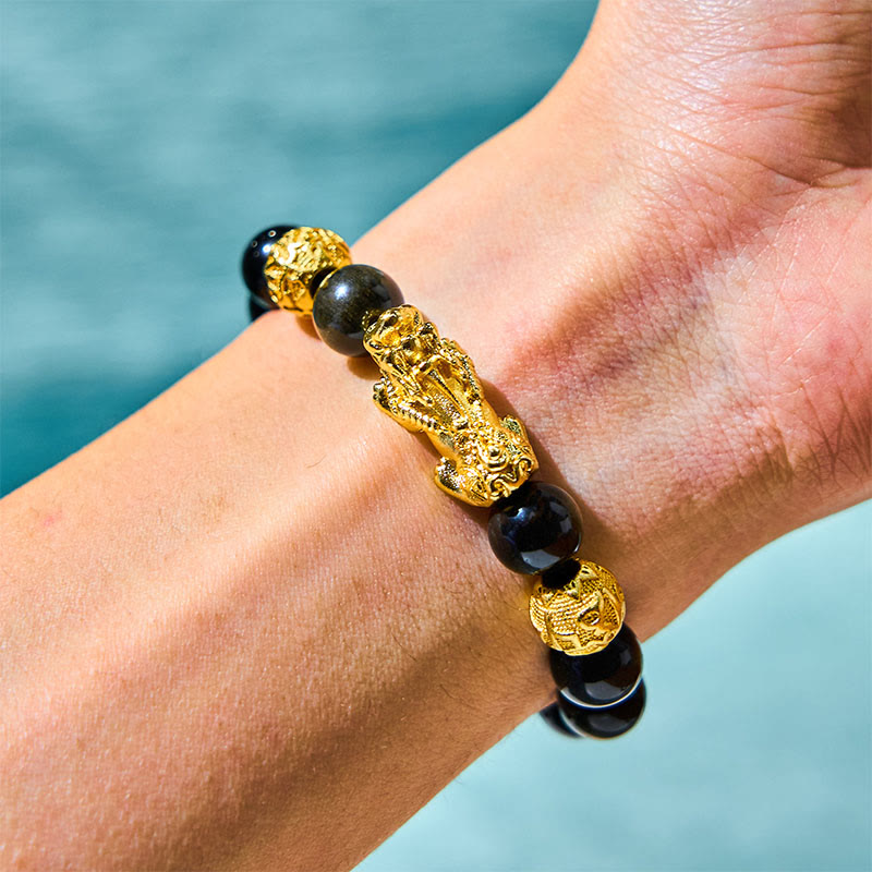 Buddha Stones Natural Gold Sheen Obsidian PiXiu Om Mani Padme Hum Wealth Bracelet - image 1