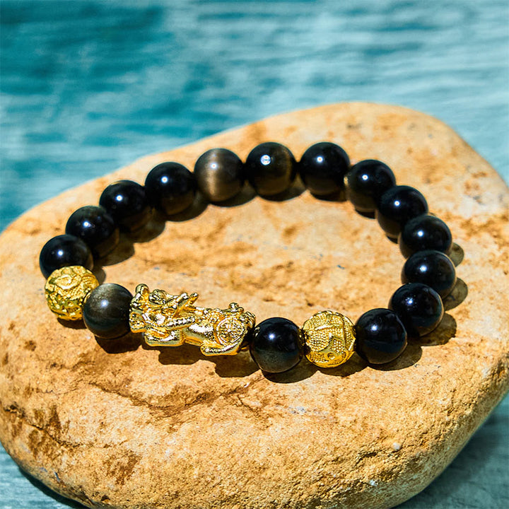 Buddha Stones Natural Gold Sheen Obsidian PiXiu Om Mani Padme Hum Wealth Bracelet - 10mm(Wrist Circumference 14-16cm) - image 0