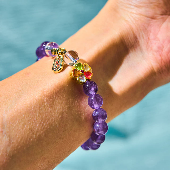 Buddha Stones Natural Amethyst White Crystal Flower Healing Safe And Well Charm Bracelet - image 1