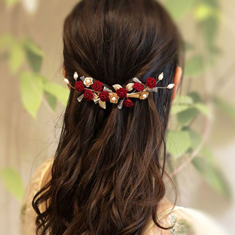 Buddha Stones Chinese Oriental Wedding Bridal Red Rose Hair Clip - Red Rose Hair Clip - image 7