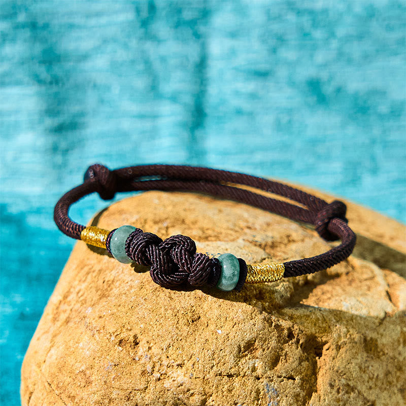 Buddha Stones Red String Jade Luck Fortune Knot Braided Couple Bracelet - Brown String&Jade(Wrist Circumference 14-22cm) - image 12