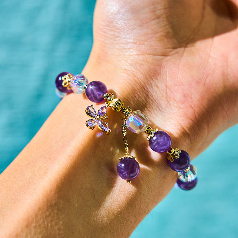 Buddha Stones Natural Amethyst Crystal Spiritual Butterfly Charm Bracelet - image 1