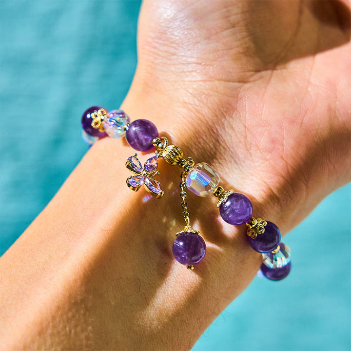 Buddha Stones Natural Amethyst Crystal Spiritual Butterfly Charm Bracelet - image 1