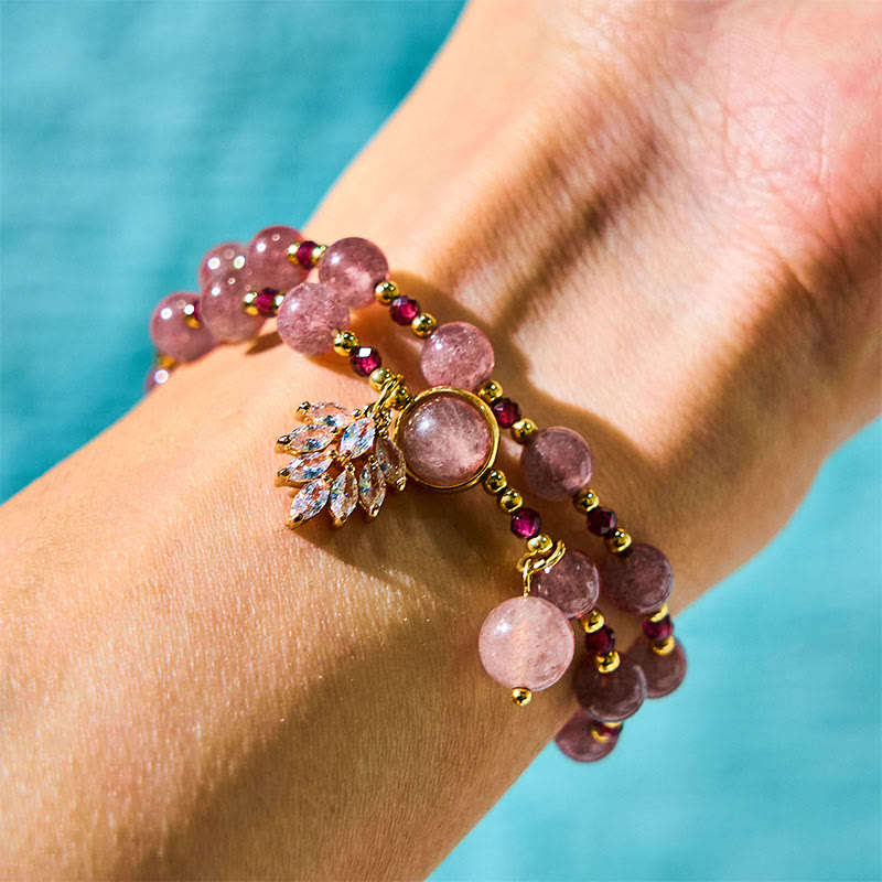 Buddha Stones Natural Strawberry Quartz Love Healing Maple Leaf Charm Double Wrap Bracelet - image 1