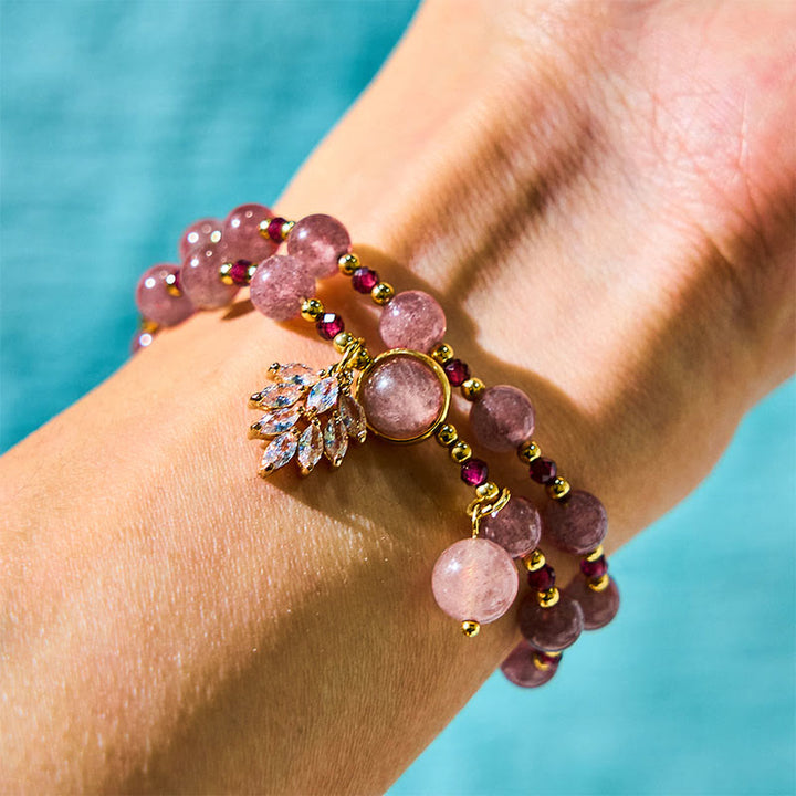 Buddha Stones Natural Strawberry Quartz Love Healing Maple Leaf Charm Double Wrap Bracelet - image 1