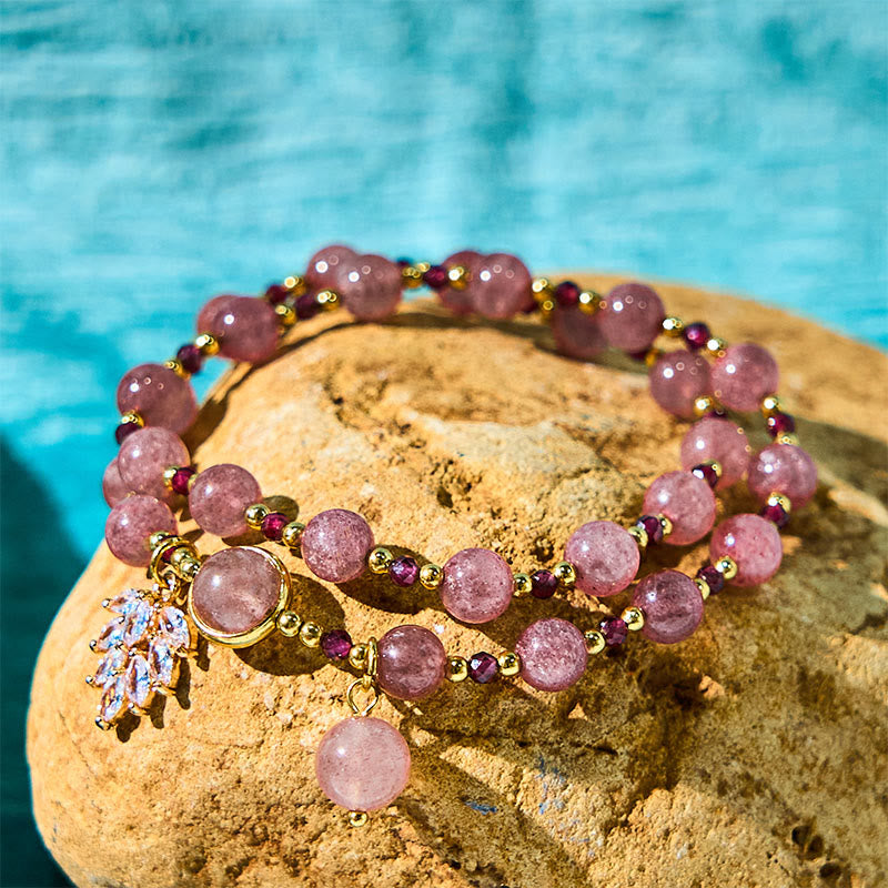 Buddha Stones Natural Strawberry Quartz Love Healing Maple Leaf Charm Double Wrap Bracelet - Strawberry Quartz(Love♥Healing) Bead Size 6mm - image 0