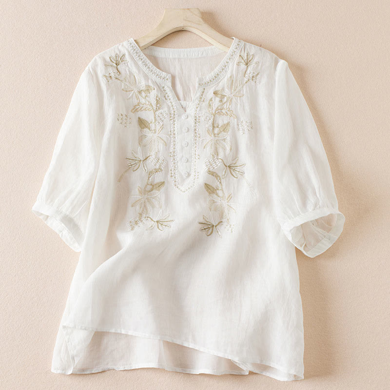 Buddha Stones Casual Embroidery Plants Women's V-Neck Design Half Sleeve Cotton Blended Shirt - Ivory - US8-10，UK/AU12-14，EU40-42 (2XL) - image 8