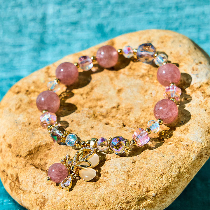 Buddha Stones Natural Strawberry Quartz Butterfly Healing Bracelet - Strawberry Quartz(Wrist Circumference 15-16cm) - image 0
