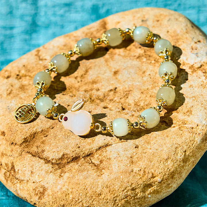 Buddha Stones Natural Hetian Jade Fu Character Fu Brand Rabbit Abundance Bracelet - Jade(Wrist Circumference15-16cm) - image 0