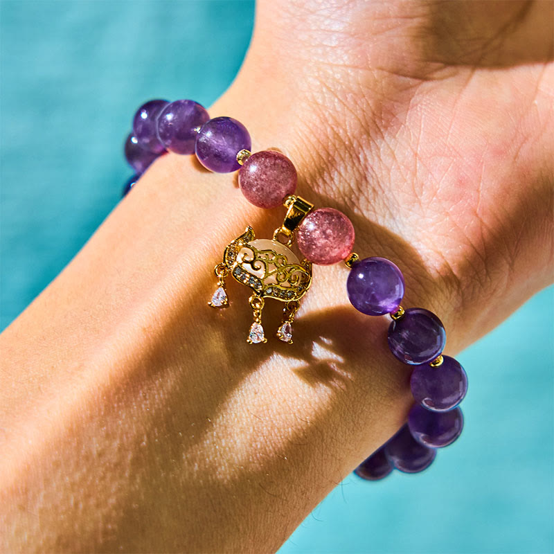 Buddha Stones Natural Amethyst Strawberry Quartz Peace Lock Charm Positive Bracelet - image 1