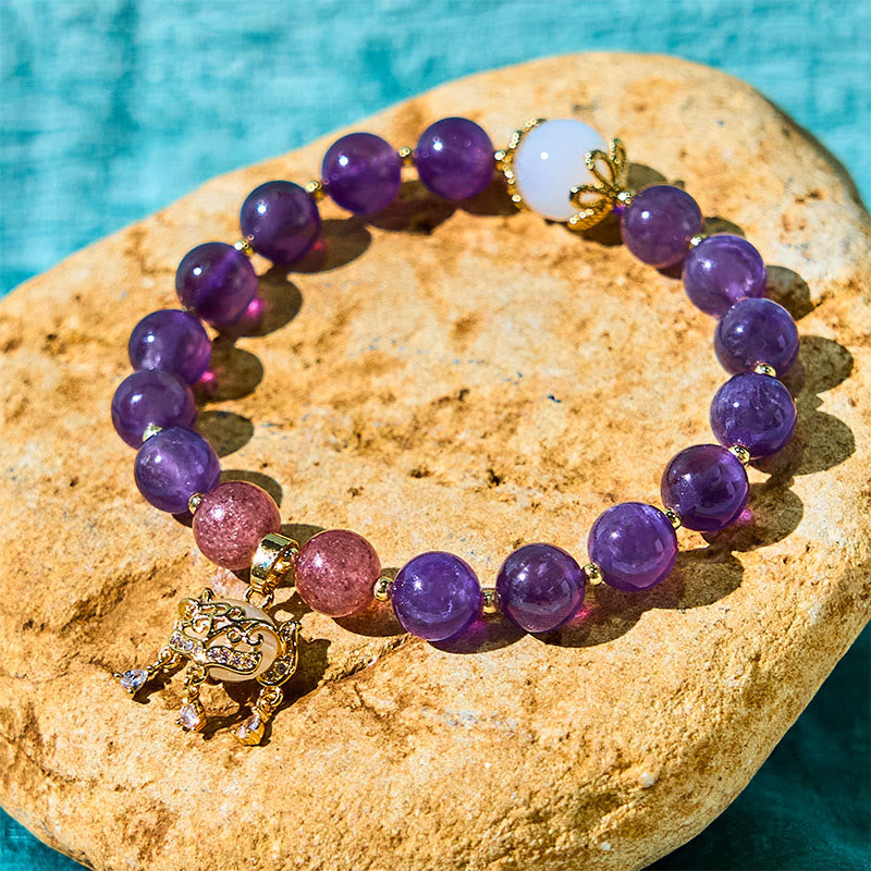 Buddha Stones Natural Amethyst Strawberry Quartz Peace Lock Charm Positive Bracelet - Amethyst(Wrist Circumference: 15-16.5cm) - image 0