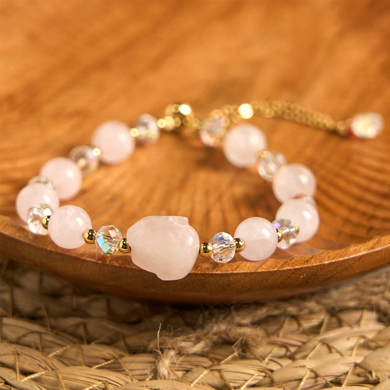 Buddha Stones Rose Quartz Crystal Rabbit Healing Chain Bracelet - image 1