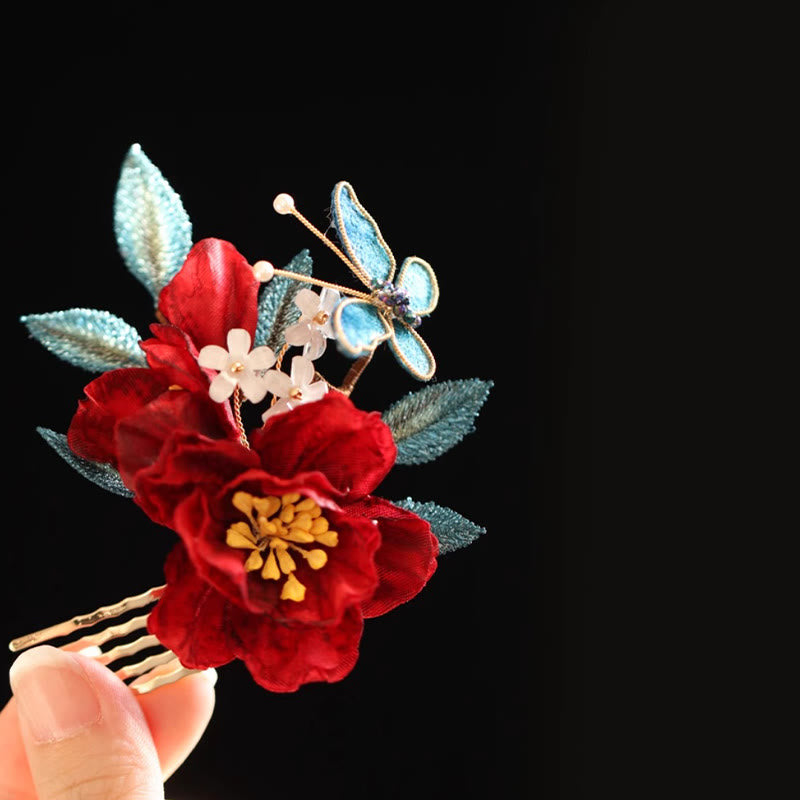 Buddha Stones Chinese Style Red Camellia Butterfly Hair Clip Hair Comb Hairpin Barrette Accessory - image 15