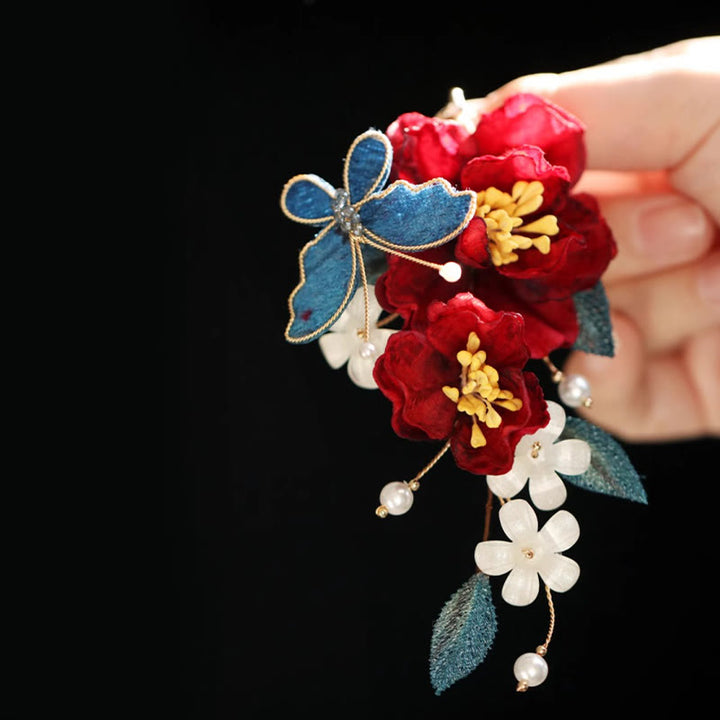 Buddha Stones Chinese Style Red Camellia Butterfly Hair Clip Hair Comb Hairpin Barrette Accessory - image 11