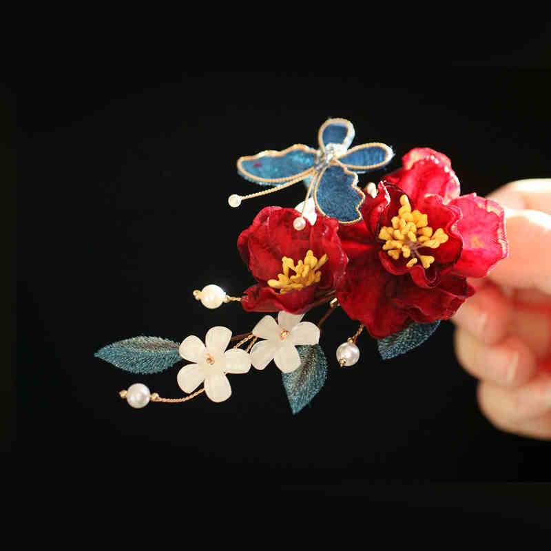 Buddha Stones Chinese Style Red Camellia Butterfly Hair Clip Hair Comb Hairpin Barrette Accessory - Red Camellia Blue Butterfly Hair Clip - image 10