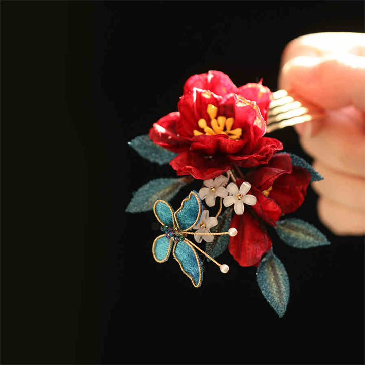 Buddha Stones Chinese Style Red Camellia Butterfly Hair Clip Hair Comb Hairpin Barrette Accessory - Red Camellia Hair Comb(Small) - image 13
